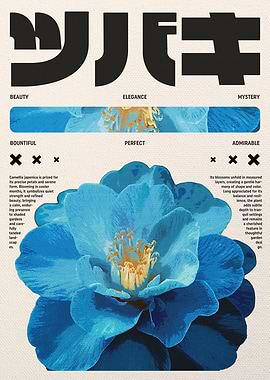 Blue Camellia Flower with Japanese Text
