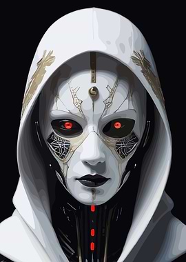 Robotic figure with red eyes and hood