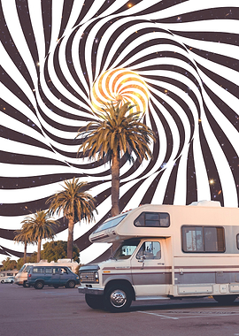 Retro RV and Palm Trees with Psychedelic Background