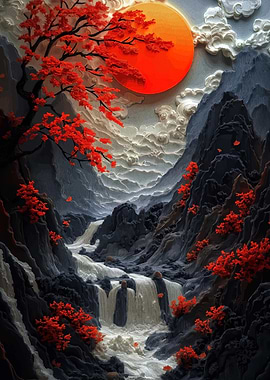 Crimson Maple in a Mountainous Landscape