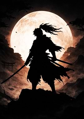 Samurai Silhouette Under a Full Moon