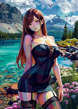 Anime Girl in Black Dress by Lake