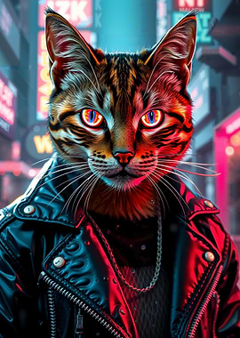 Cyberpunk Cat in Leather Jacket
