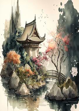 Japanese Garden with Pagoda and Cherry Blossoms