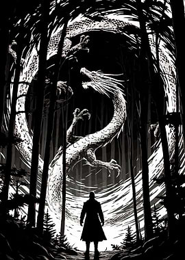 Man faces a colossal dragon in a dark forest