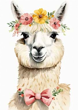 Cute Llama with Flower Crown and Bow