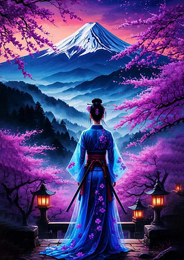 Woman in Kimono with Mount Fuji