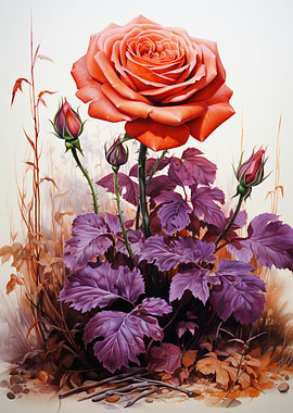 Vibrant Rose with Buds and Purple Leaves