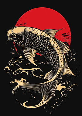 Japanese Koi Fish and Red Sun