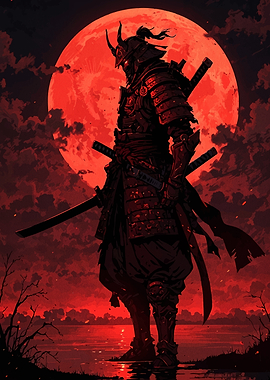 Samurai Warrior Under a Blood Moon