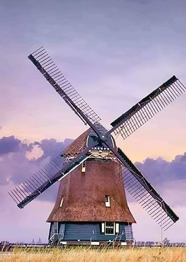 Traditional Dutch Windmill at Sunset