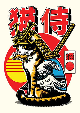 Samurai Cat with Fish and Wave