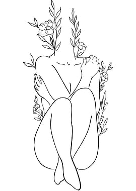 Woman Embracing Flowers Line Art