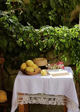 Still life with lemons and flowers