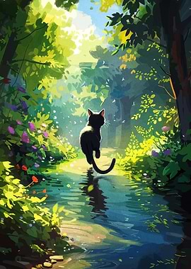 Black Cat in a Sunlit Forest Stream
