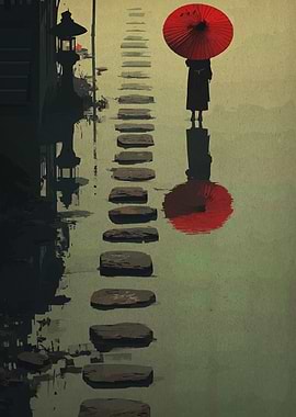 Woman with Red Umbrella on Stepping Stones