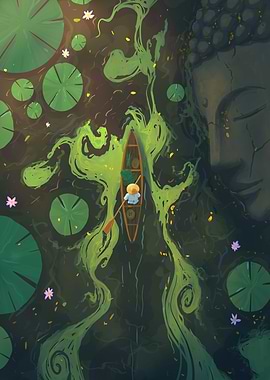 Person in Boat near Buddha Statue