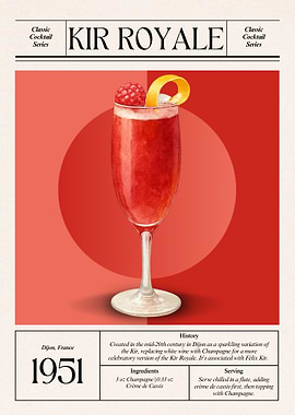 Kir Royale | Classic 1951 French Champagne Cocktail | Vintage Red Cocktail Art