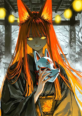 Kitsune Girl Holding Fox Mask