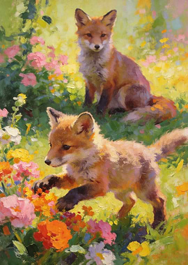 Two Foxes in a Field of Flowers