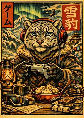 Snow Leopard Gamer in Winter Landscape