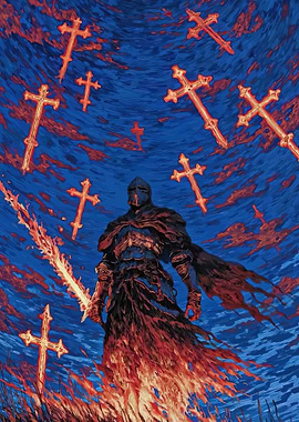 Knight with flaming sword and crosses
