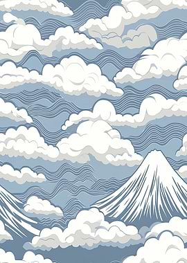 Mount Fuji with Clouds and Waves