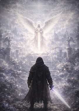 Warrior facing an angel in a celestial realm