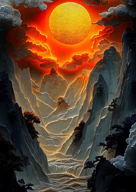 Fiery Mountain Landscape with Sun