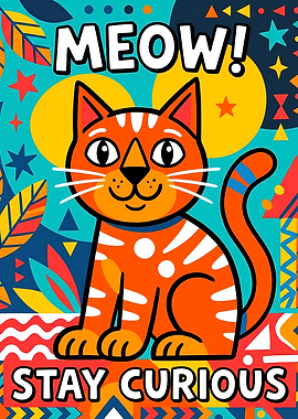 Cute Cat with 'Meow! Stay Curious' Text