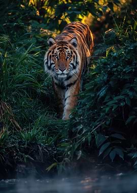 Tiger emerging from lush foliage