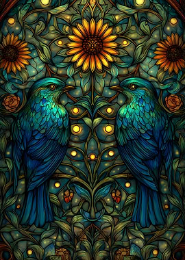 Art Nouveau Birds and Sunflowers