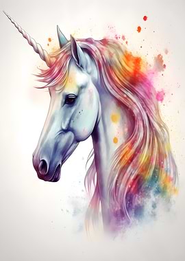 Watercolor Unicorn with Rainbow Mane