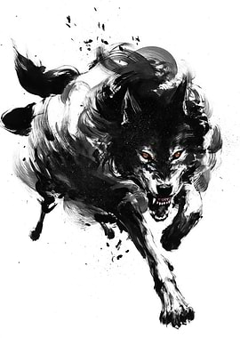Aggressive Black Wolf Ink Painting