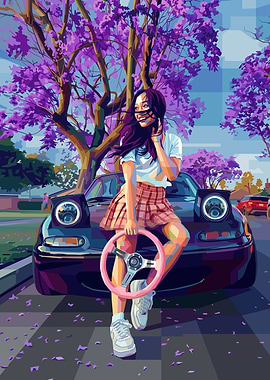 Girl with Steering Wheel by Car