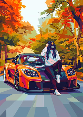 Woman Poses With Sports Car in Autumn