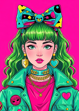 Pop Art Girl with Green Hair and Bow