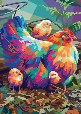 Colorful Chicken Family in Nature