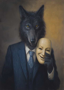 Wolf in Suit Holding a Mask