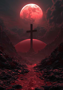 Eerie Red Moon Over a Rocky Landscape