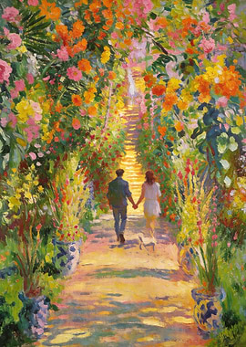 Couple walking through a floral garden archway