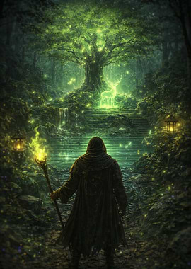 Mystical Forest with Wizard and Glowing Deer