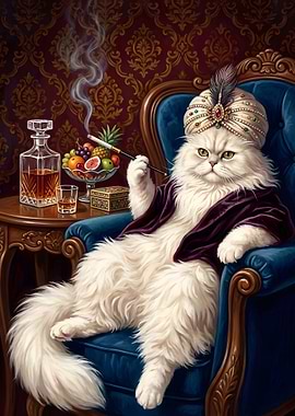 Regal Cat Smoking in a Blue Chair