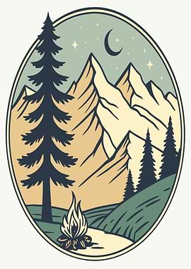 Campfire in the Mountains at Night