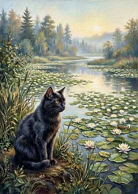 Black Cat by a Lily Pond