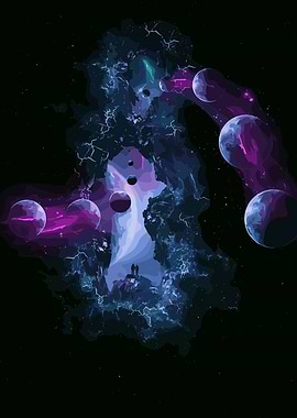Cosmic Nebula with Planets and Figures