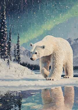 Polar Bear Under Aurora Borealis