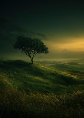 Lone Tree on a Hill at Dusk