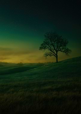 Lone Tree Under Starry Night Sky