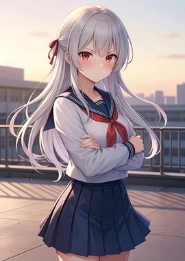 Anime Schoolgirl with White Hair